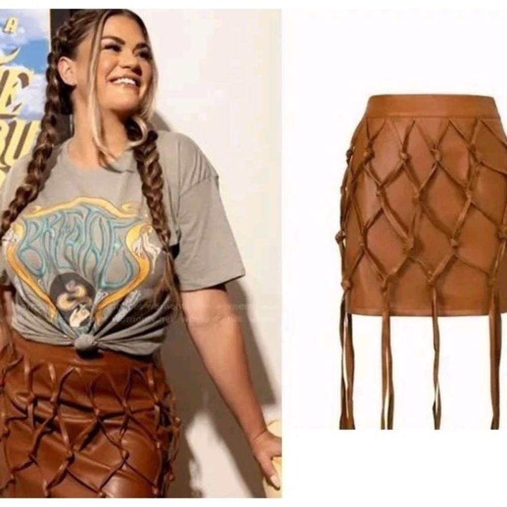Micas Faux Leather Fringe Mini Skirt‎ Brown Boho Western Festival Lace-Up Size L